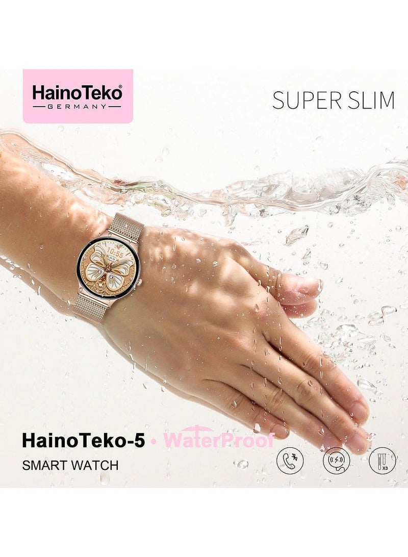 هينو تيكو HainoTeko-5 Super Slim Smart Watch Round Shape AMOLED Display With Waterproof AI Voice Assistance and 3 Pair Straps For Ladies Gold - Image 4